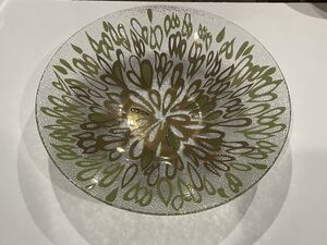 RARE Vintage Dorothy Thorpe MCM Raindrops Round Bowl Gold & Green Crystal 14"